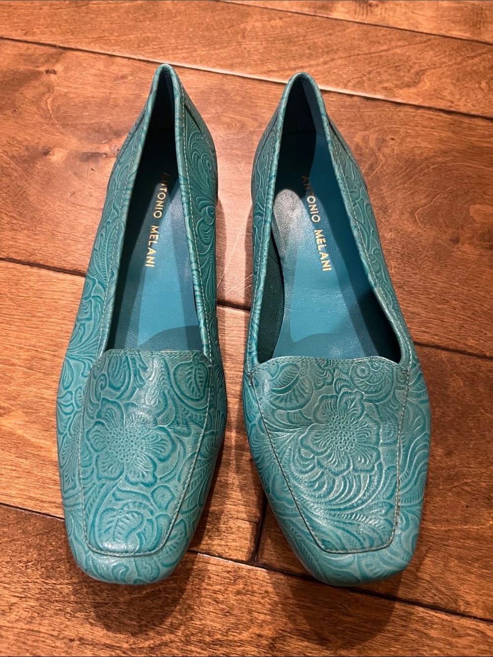 ANTONIO MELANI Teal Floral Embossed Leather Slip-On Flats